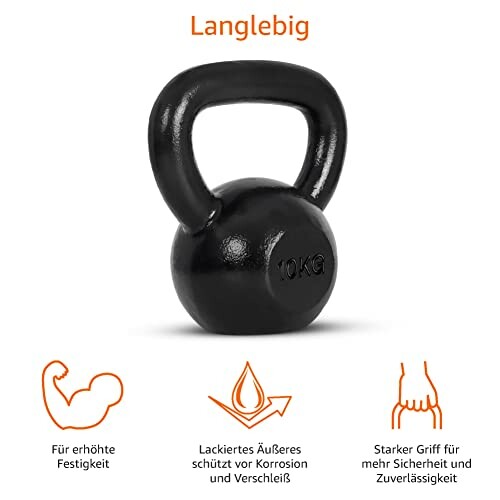 Schwarze 10kg Kettlebell mit Beschreibungen zur Haltbarkeit