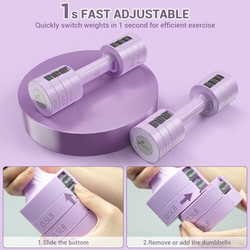 Verstellbare Hanteln in Lila mit Schnellwechselmechanismus.