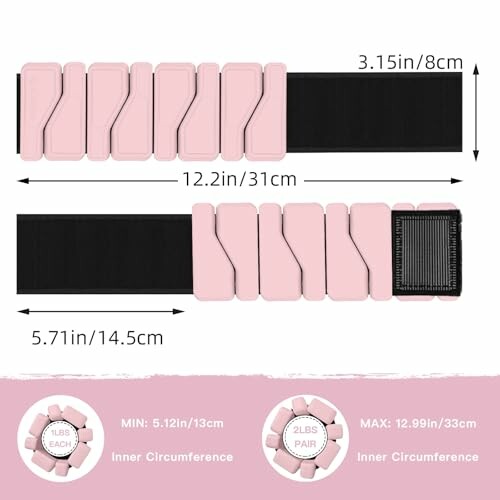 Verstellbarer rosa Gewichtsgürtel mit Maßen.