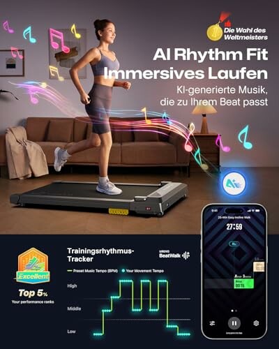 Frau läuft auf Laufband mit KI-generierter Musik