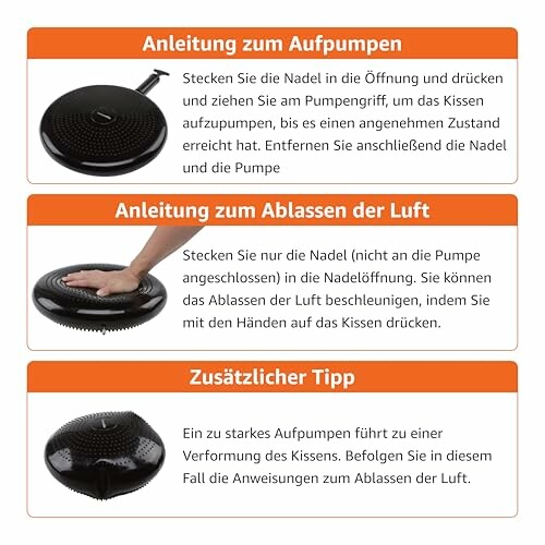 Anleitung für Balance-Kissen: Aufpumpen, Luft ablassen, Tipp.