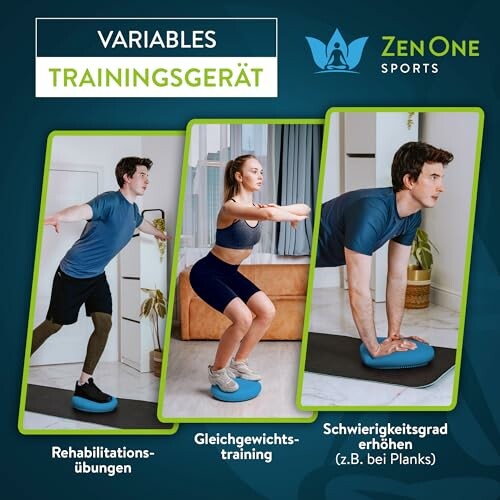 Drei Personen führen Balance-Übungen mit Trainingsgerät aus.