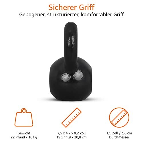 Schwarze Kettlebell mit Griff und Abmessungen