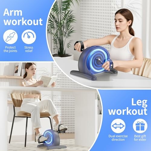 Frau trainiert mit kompaktem Fitnessgerät für Arme und Beine.