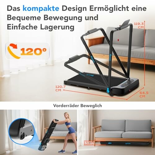 Kompaktes Design des Laufbands für einfache Lagerung und Bewegung.