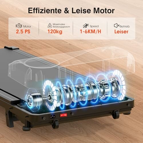 Illustration eines leisen Laufbandmotors mit technischen Spezifikationen.