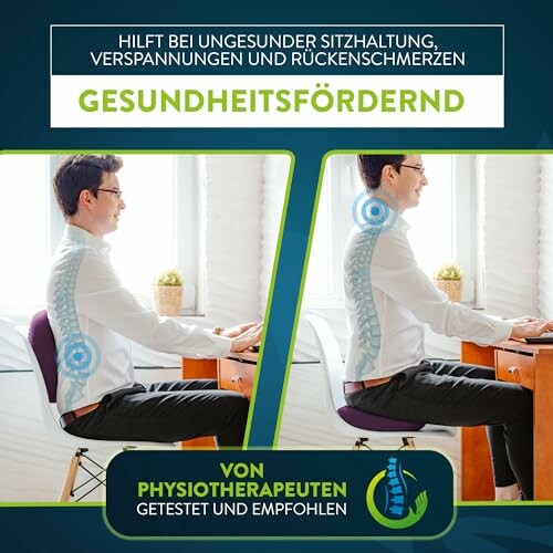Vorher-Nachher-Bild einer verbesserten Sitzhaltung am Schreibtisch.