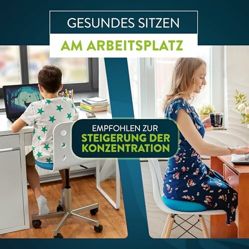Ein Junge und eine Frau sitzen bequem an ihren Schreibtischen.