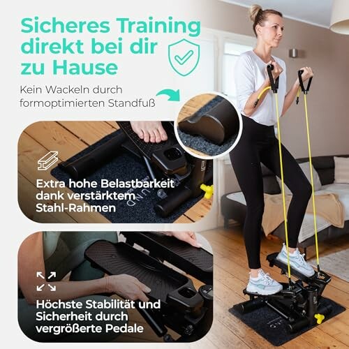 Frau trainiert mit Stepper zu Hause