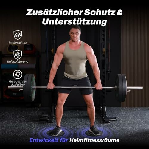 Mann hebt Gewichte in Heimfitnessraum mit Bodenschutzmatten