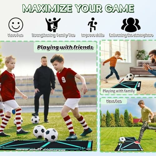 Kinder spielen Fußball auf interaktivem Mattenfeld.