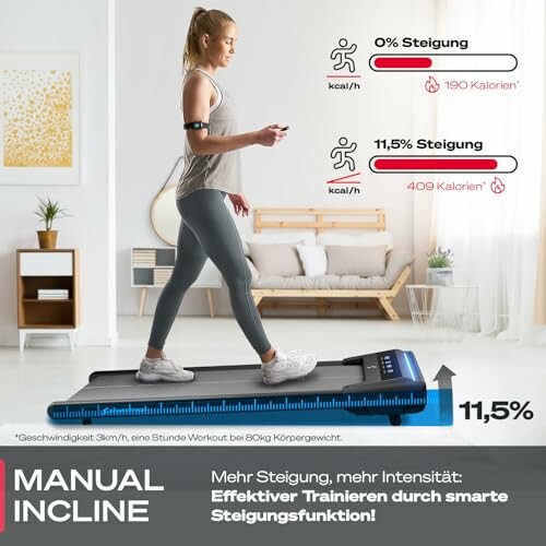 Frau geht auf einem Laufband mit manuellem Anstieg.