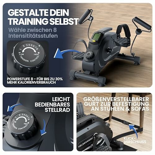 Mini-Fahrradtrainer mit einstellbaren Intensitätsstufen und bedienfreundlichem Stellrad.