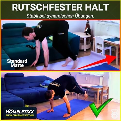 Vergleich von rutschfester und Standard-Yogamatte bei Übungen.