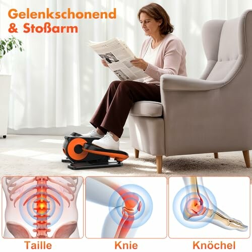 Person benutzt Heimtrainer beim Sitzen.