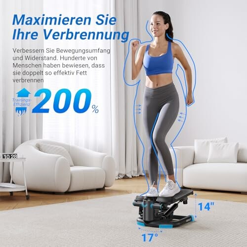 Frau trainiert auf einem Stepper in einem Wohnzimmer.
