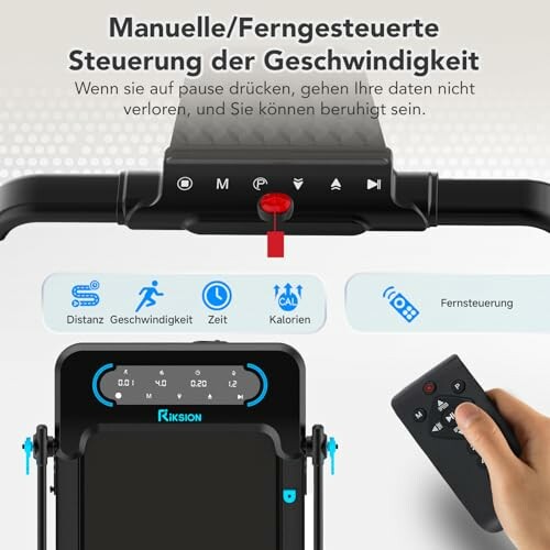 Manuelle und ferngesteuerte Steuerung des Laufbands mit Fernbedienung.