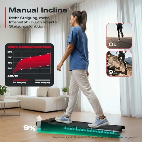 Person geht auf Laufband mit manueller Steigungseinstellung.