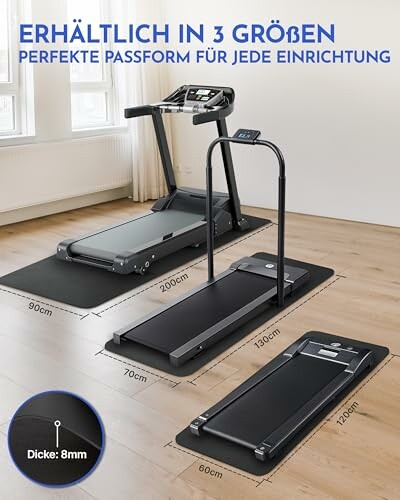 Drei Laufbandmatten in verschiedenen Größen auf Holzboden.