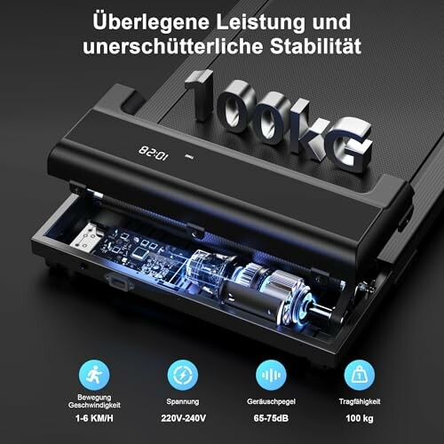 Treadmill mit technischen Spezifikationen und maximaler Belastung von 100 kg.