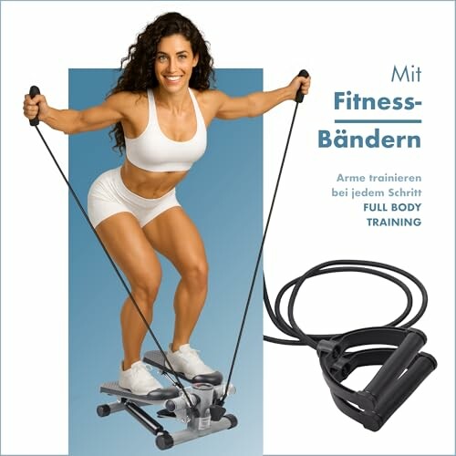 Frau trainiert mit Fitnessbändern auf Stepper