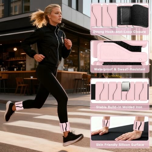 Frau beim Laufen mit Gewichtsmanschetten an den Handgelenken