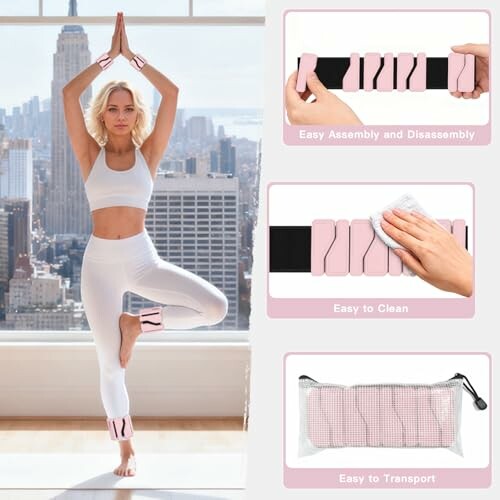 Frau beim Yoga mit rosa Gewichten und Skyline im Hintergrund.