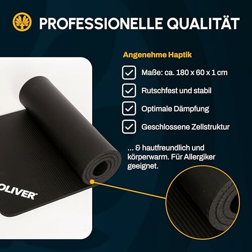 Schwarze Yoga-Matte mit Qualitätsmerkmalen.